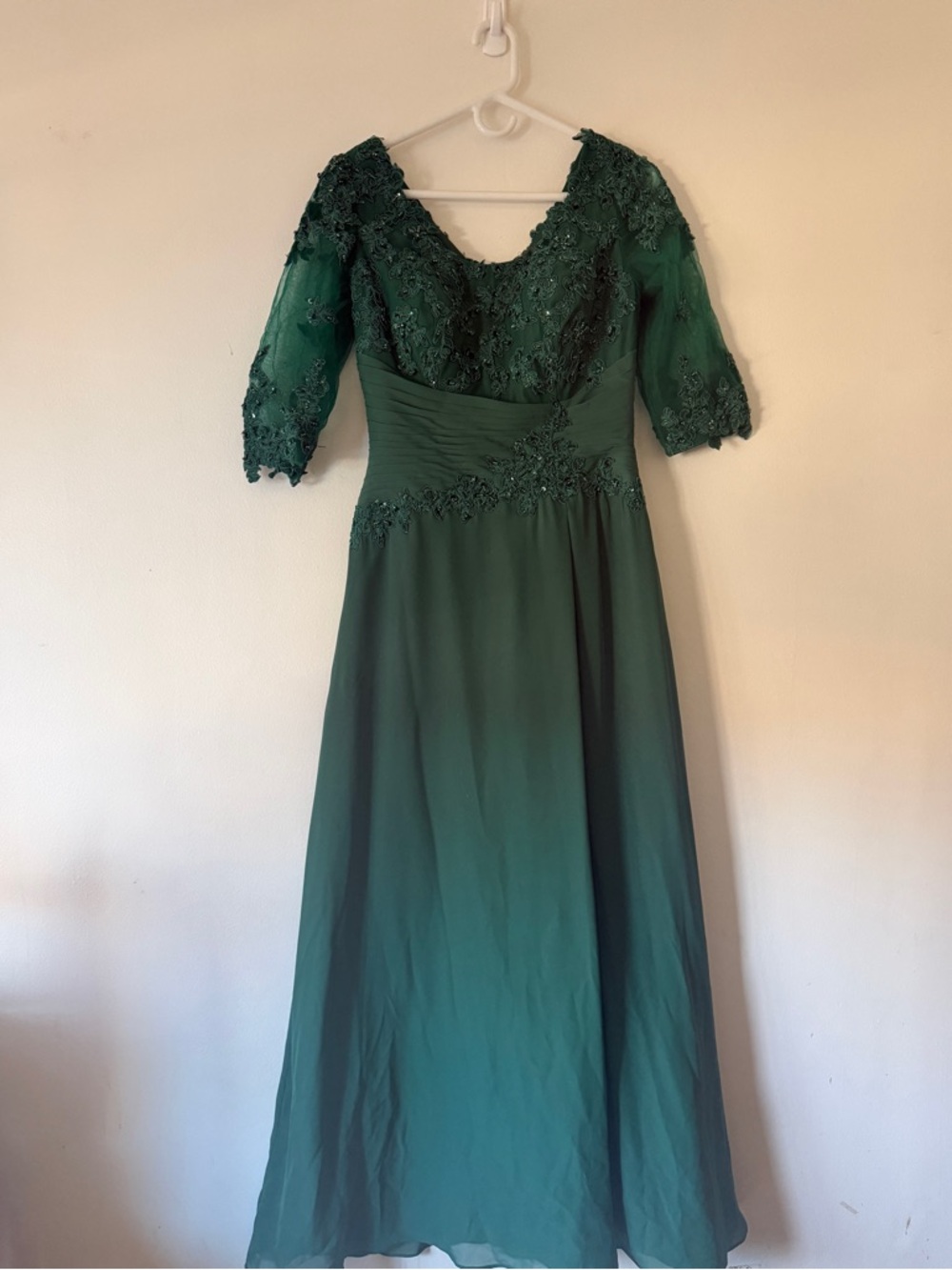 JJs House Emerald Green Lace Appliqué Long Sleeve Evening Dress